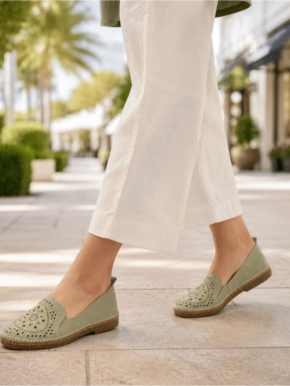 Spring Step Olive Green Laser-Cut Slip-On Loafers